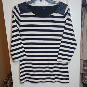 Tommy Hilfiger Navy and White Striped Long Sleeve Top